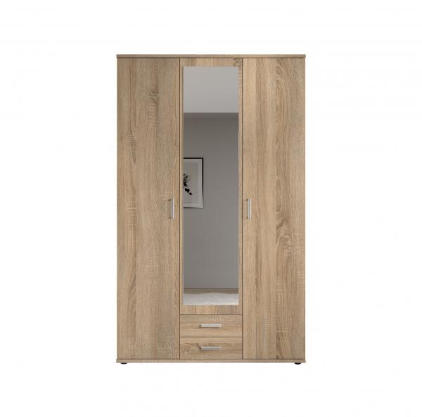 Kleiderschrank KARL 3 Türen / 1 x mit Spiegel / 2 Schubladen Eiche Sonoma Dekor